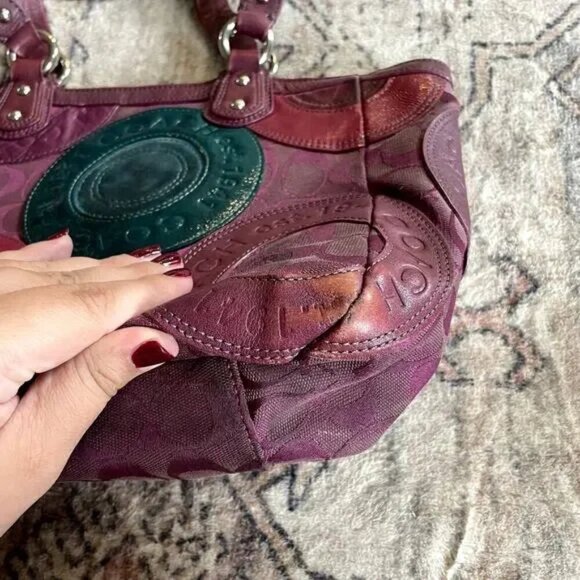 Coach East West Circle Patchwork Zip Tote Shoulder Bag Purple Leather Canvas - Picture 8 of 12